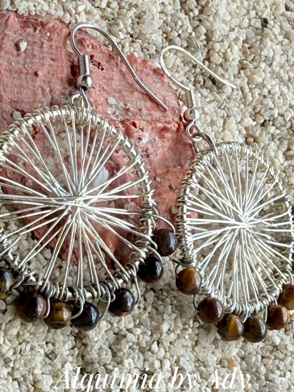 DUSTER CIRCLE Silver Hoop Earrings with TIGER EYE Bead Fringe